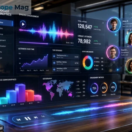 A digital dashboard displaying backtofrontshow podcast analytics and listener engagement data.