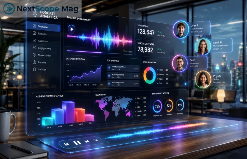 A digital dashboard displaying backtofrontshow podcast analytics and listener engagement data.