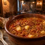 Rustic clay pot filled with steaming guiso de lentejas featuring lentils, chorizo, potatoes, and paprika oil served with crusty bread in a cozy restaurant setting.