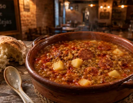 Rustic clay pot filled with steaming guiso de lentejas featuring lentils, chorizo, potatoes, and paprika oil served with crusty bread in a cozy restaurant setting.