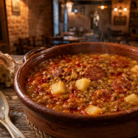 Rustic clay pot filled with steaming guiso de lentejas featuring lentils, chorizo, potatoes, and paprika oil served with crusty bread in a cozy restaurant setting.
