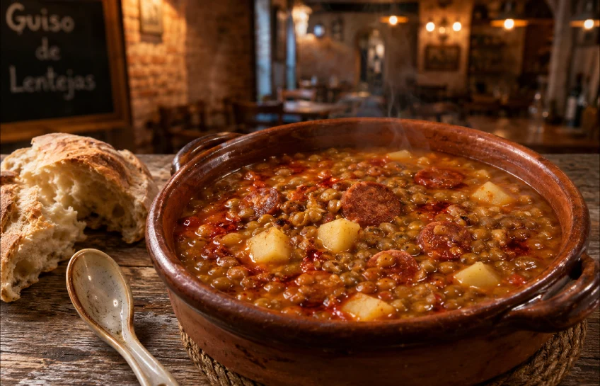 Rustic clay pot filled with steaming guiso de lentejas featuring lentils, chorizo, potatoes, and paprika oil served with crusty bread in a cozy restaurant setting.