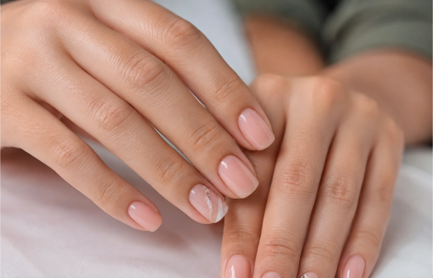 Builder gel nails with natural nude overlay showing strong, glossy, short to medium‑length nails.