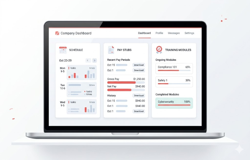 CFA Home employee portal dashboard showing schedule, payroll, and training access for Chick-fil-A staff