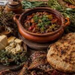 Traditional Ciulioneros food and cultural elements including clay pot stew, flatbread, and woven textiles