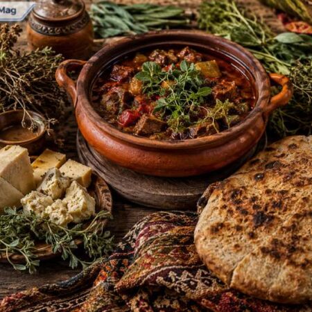 Traditional Ciulioneros food and cultural elements including clay pot stew, flatbread, and woven textiles