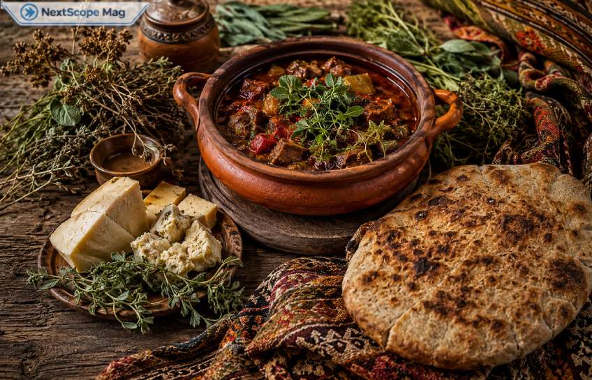 Traditional Ciulioneros food and cultural elements including clay pot stew, flatbread, and woven textiles