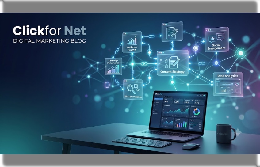 Clickfor net digital platform showing content publishing and link optimization dashboard