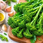 Fresh crocolini vegetable with long green stems and small florets on a wooden surface
