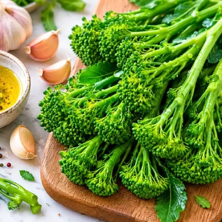 Fresh crocolini vegetable with long green stems and small florets on a wooden surface