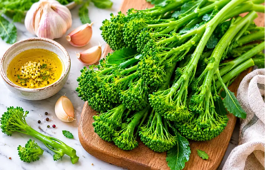 Fresh crocolini vegetable with long green stems and small florets on a wooden surface