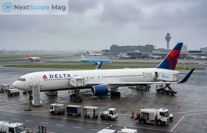 Delta DL139 Boeing 767-400ER parked at Amsterdam Schiphol after the delta dl139 venice atlanta diversion amsterdam on June 30 2025