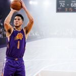 Devin Booker in Phoenix Suns uniform featured for his biography and NBA career article