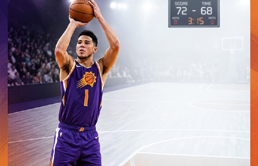 Devin Booker in Phoenix Suns uniform featured for his biography and NBA career article