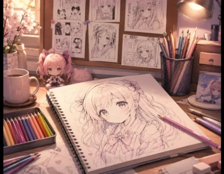 Doujen moe anime fan art workspace showing moe-style character sketches and independent creator tools