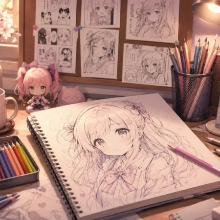 Doujen moe anime fan art workspace showing moe-style character sketches and independent creator tools