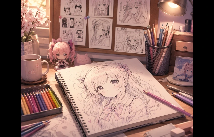 Doujen moe anime fan art workspace showing moe-style character sketches and independent creator tools