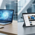 Laptop showing drovenio latest technology news and AI tools on a clean office desk workspace.