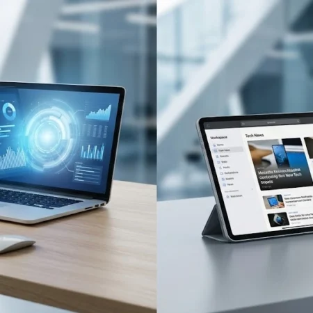 Laptop showing drovenio latest technology news and AI tools on a clean office desk workspace.