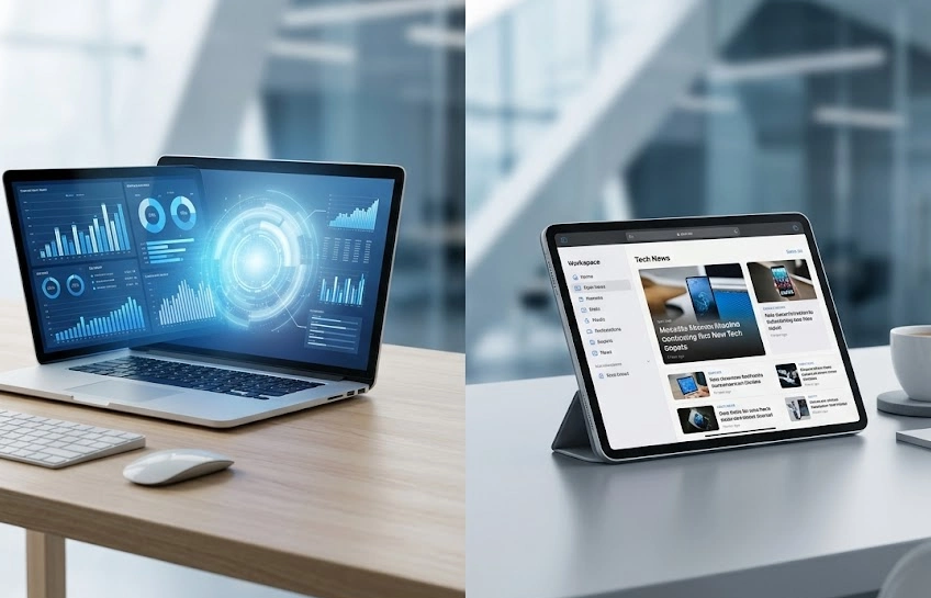 Laptop showing drovenio latest technology news and AI tools on a clean office desk workspace.