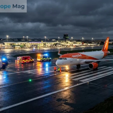 EasyJet flight U2238 emergency landing Newcastle airport with ambulances and emergency services on the runway at night