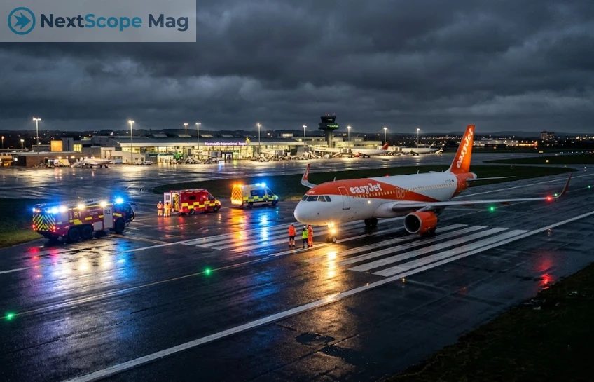 EasyJet flight U2238 emergency landing Newcastle airport with ambulances and emergency services on the runway at night