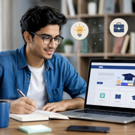 Student using EducationTrove com as a free online learning hub for study tips and career guidance in 2026