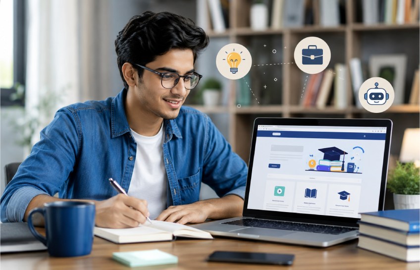 Student using EducationTrove com as a free online learning hub for study tips and career guidance in 2026