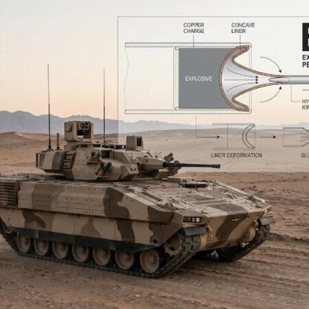 Diagram showing how an EFP bomb converts a metal plate into a high-speed penetrating slug against an armored vehicle