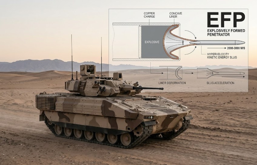 Diagram showing how an EFP bomb converts a metal plate into a high-speed penetrating slug against an armored vehicle