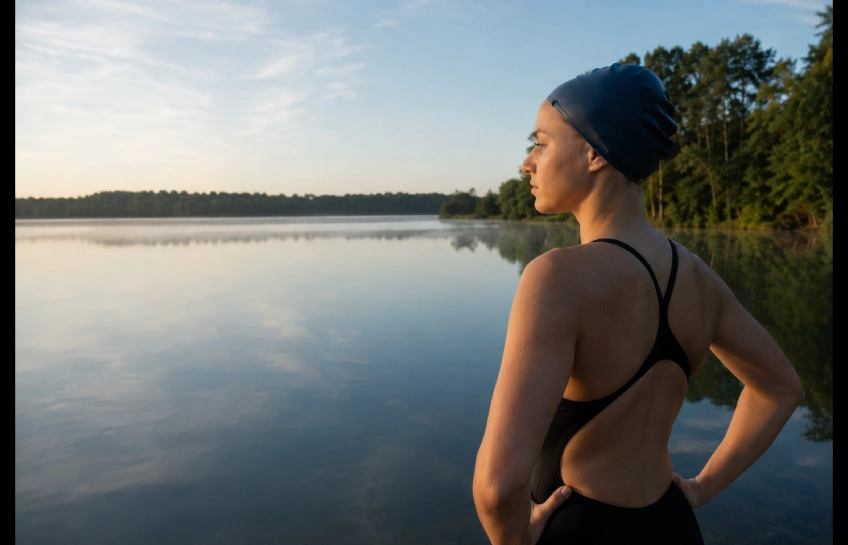 Elizabeth Lagunes Wisconsin open-water swimmer standing by a calm Wisconsin lake, representing her athletic and academic journey