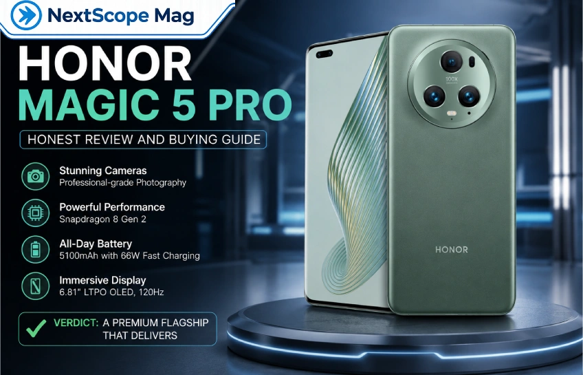 Geekzilla.tech Honor Magic 5 Pro honest review and buying guide featuring premium smartphone design, powerful performance, advanced camera system, long battery life, and futuristic tech style.
