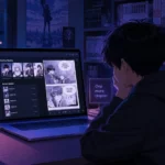 Person reading manga online on a laptop similar to hiperdex at night