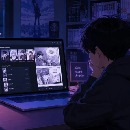 Person reading manga online on a laptop similar to hiperdex at night