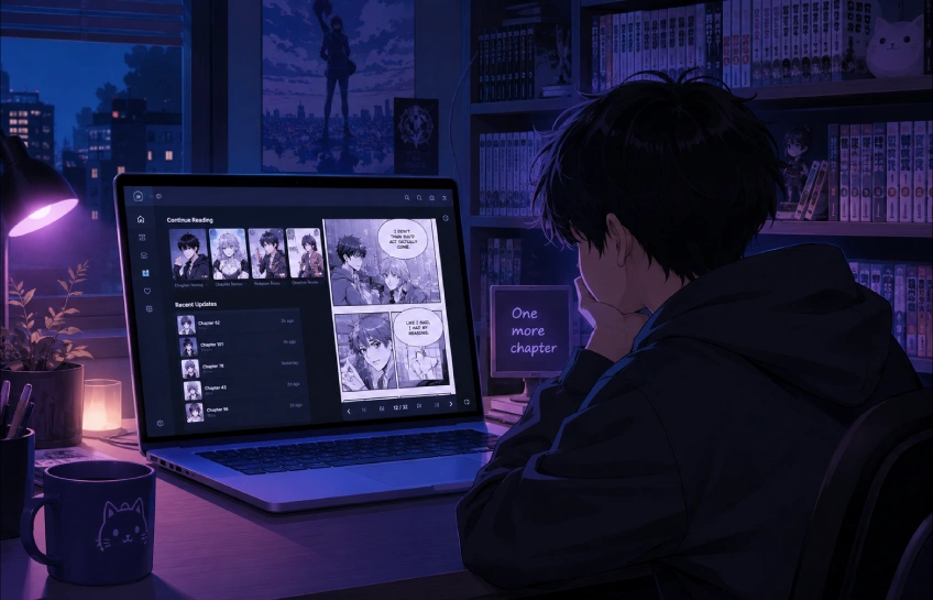 Person reading manga online on a laptop similar to hiperdex at night