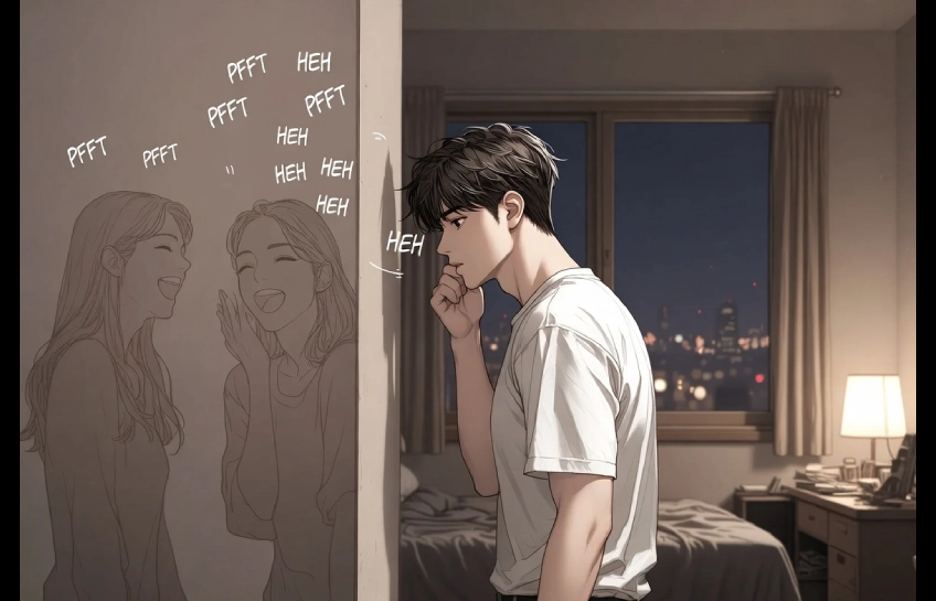 Male tenant in a small apartment overhearing his two noisy female neighbors, inspired by the adult manhwa hole 2 my goal.