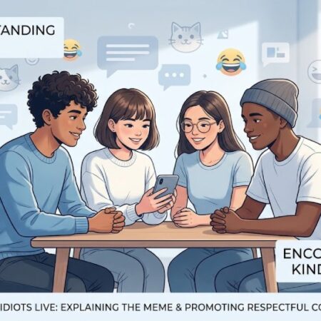 Young adults looking at a phone discussing the “how long do idiots live” meme with a focus on respectful online replies.