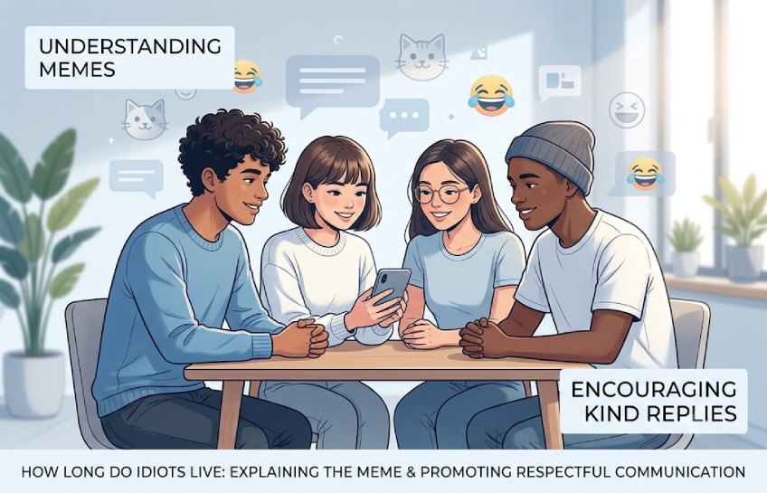 Young adults looking at a phone discussing the “how long do idiots live” meme with a focus on respectful online replies.