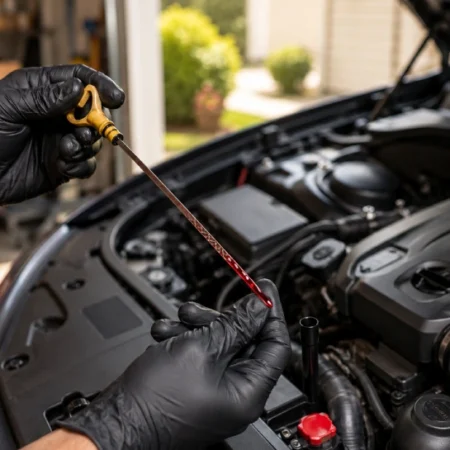 A mechanic wearing black gloves demonstrating how to check transmission fluid using a car's engine dipstick.