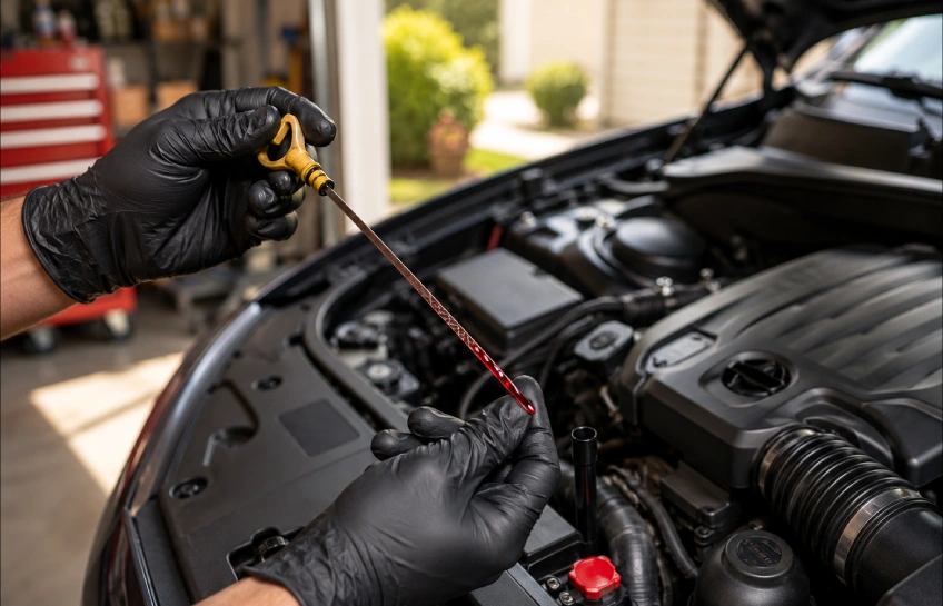 A mechanic wearing black gloves demonstrating how to check transmission fluid using a car's engine dipstick.