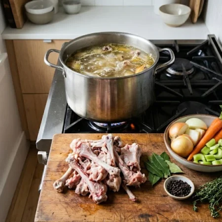 Overhead view of a pot of homemade soup stock simmering on the stove with chopped vegetables and bones arranged on a wooden board nearby.