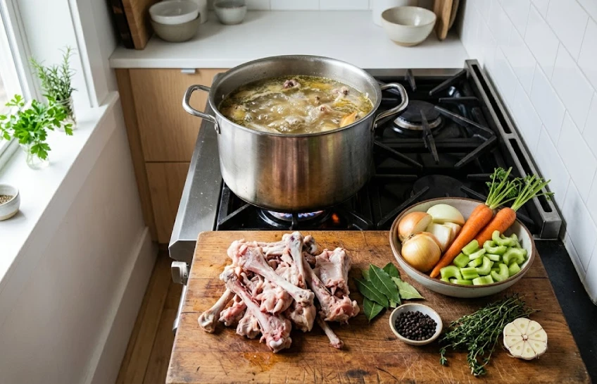 Overhead view of a pot of homemade soup stock simmering on the stove with chopped vegetables and bones arranged on a wooden board nearby.