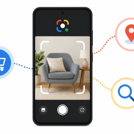 A smartphone using Google Lens to demonstrate image search techniques, with visual search results appearing on screen