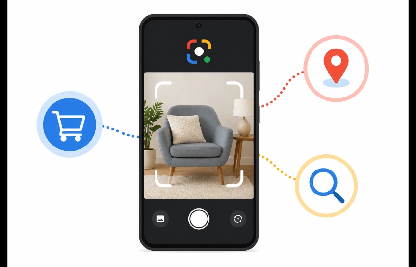 A smartphone using Google Lens to demonstrate image search techniques, with visual search results appearing on screen