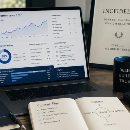 Digital marketer reviewing incfidelibus‑based SEO and AI search strategy on laptop with analytics charts in 2026
