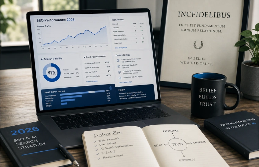 Digital marketer reviewing incfidelibus‑based SEO and AI search strategy on laptop with analytics charts in 2026