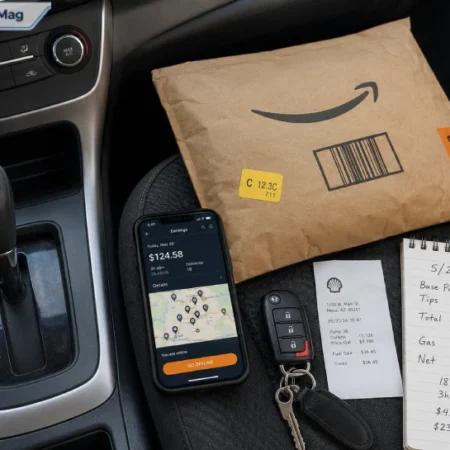 Amazon Flex driver reviewing earnings on a smartphone next to a delivery package — is Amazon Flex worth it in 2026