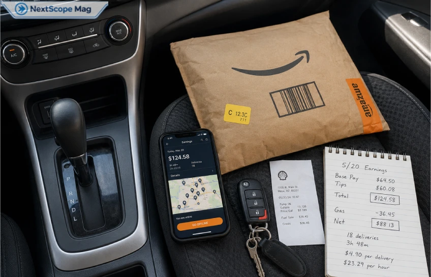 Amazon Flex driver reviewing earnings on a smartphone next to a delivery package — is Amazon Flex worth it in 2026