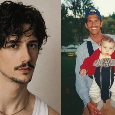 Jeffrey Brezovar holding baby Milo Manheim in a throwback photo, alongside a recent portrait of Milo Manheim