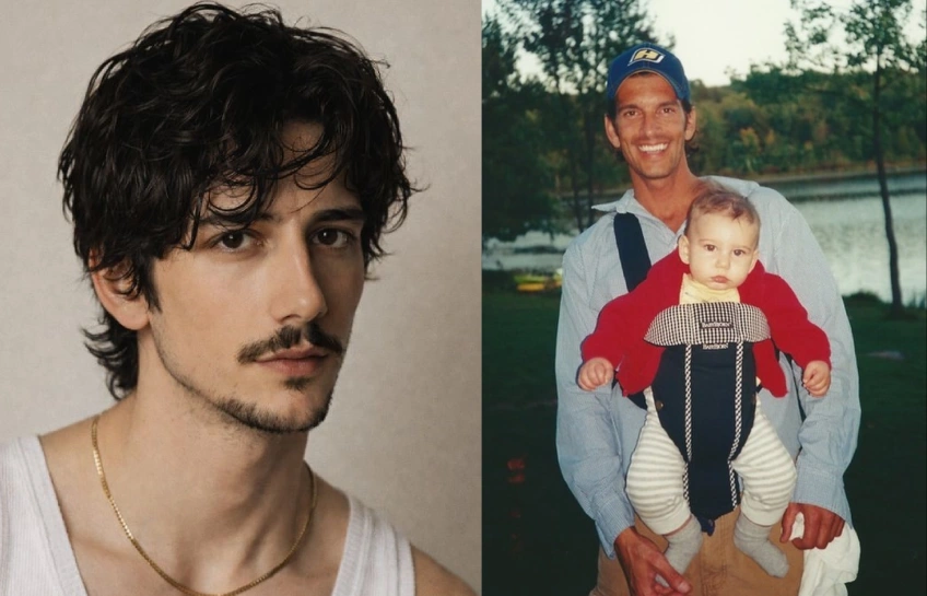 Jeffrey Brezovar holding baby Milo Manheim in a throwback photo, alongside a recent portrait of Milo Manheim
